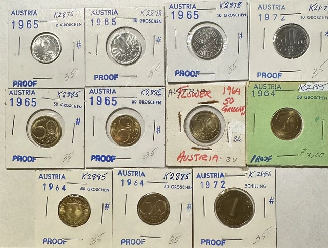Austria Lot of 11 1964-1972 Proof Coins, 2 Groschen-1 Shilling BU
