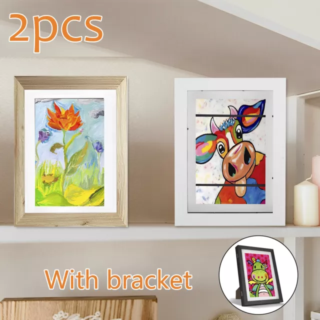 2Pcs Kids Art Frame A4 Front Opening Photo Frames with Stand Wooden Kids UK⌒