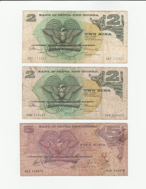 PNG trio old 2 paper bank notes 2x2 Kina & 1 x 5 Kina Papua New Guinea