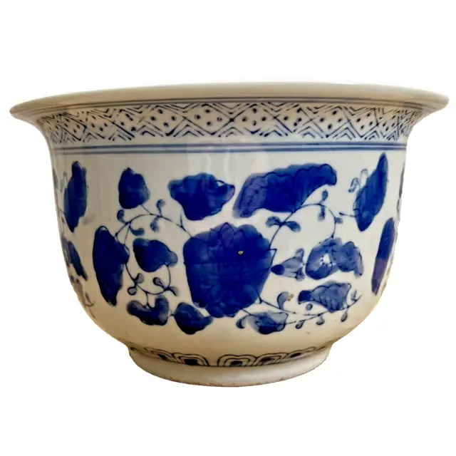 Vintage Porcelain Planter Pot Bowl Asian Chinoiserie White Blue Floral