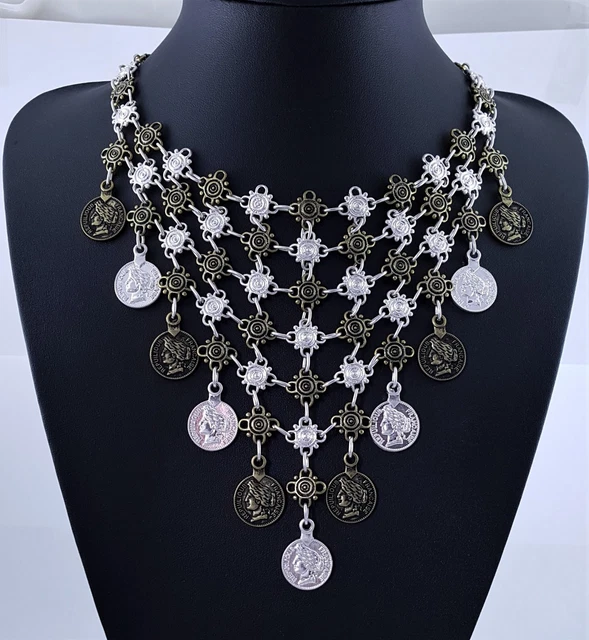 Matt Silver Antiqued Brass with Roman Collar Coin Charms Bib Statement Necklace