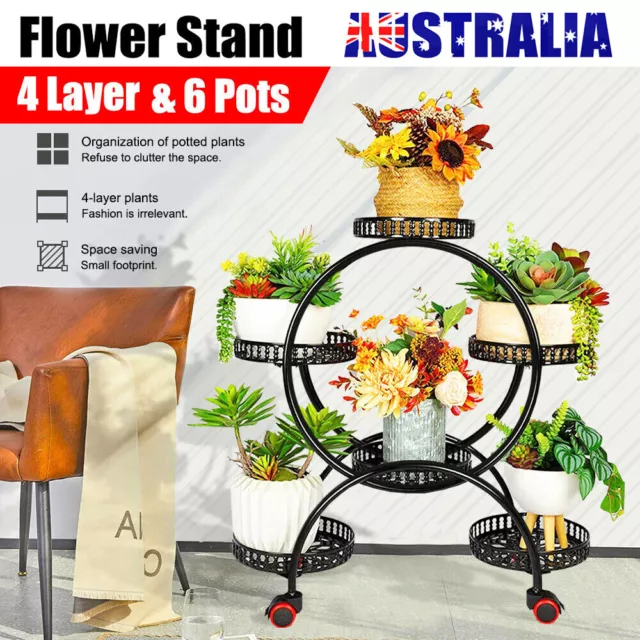 6 Pots Wrought Iron Rustproof Plant Stand Shelf Elegant Art Flower Holder Rack