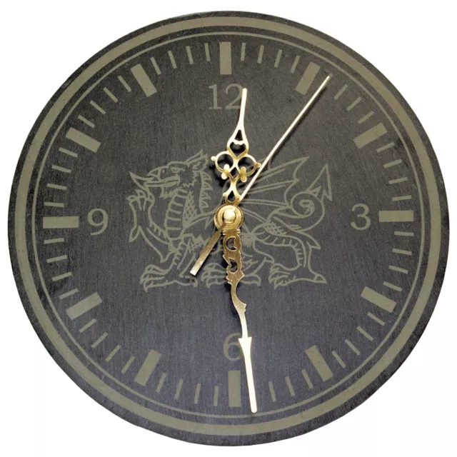 Genuine Welsh Slate Wall Clock With Welsh Dragon Design, Silent Non-Ticking