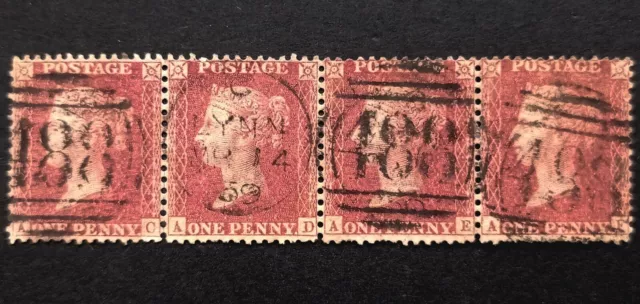 GB Queen Victoria Penny Red SG.41 Pl.42 Used Stripe Of 4 Sds Lynn 1859 Clean VF