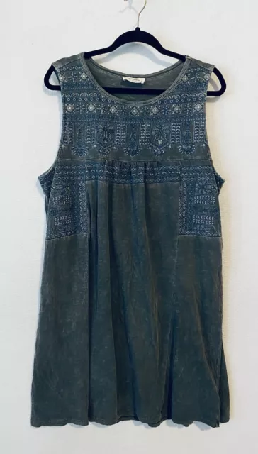 Lucky Brand Dress Womens XL Gray Distressed Slub Knit Embroidered Sleeveless