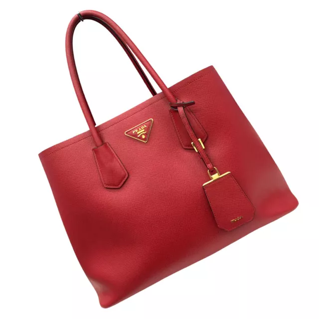 PRADA Saffiano Cuir Double Handle Tote Bag Red Fuoco Leather Authentic