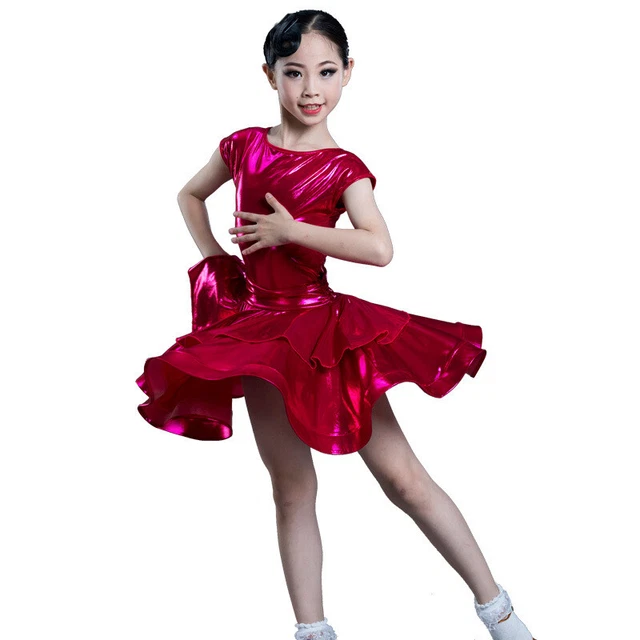 Girls Shiny Dance Dress Short Sleeve Layered Ballroom Latin Rumba Dancewear Slim