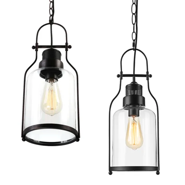 Industrial Rustic Pendant Light Glass Lantern Hanging Lamp Metal Ceiling Fixture