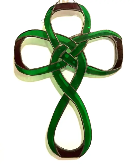 Stained Glass Suncatcher Green Celtic Knot Cross Large  16" x 11"