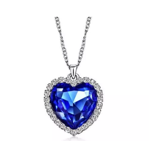 Titanic Heart Of The Ocean Blue Stones CZ Crystal Necklace Pendant Jewelry 18"