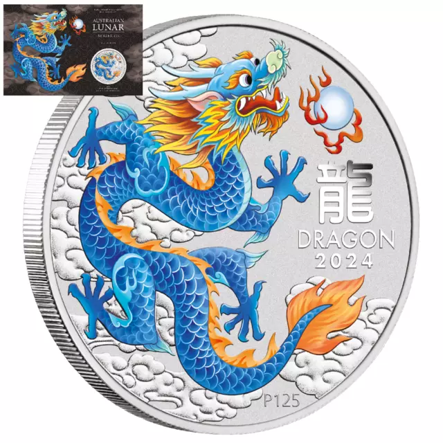 Silbermünze Jahr des Drachen Blue Dragon 2024 - Australien - 1 Oz ST in Farbe