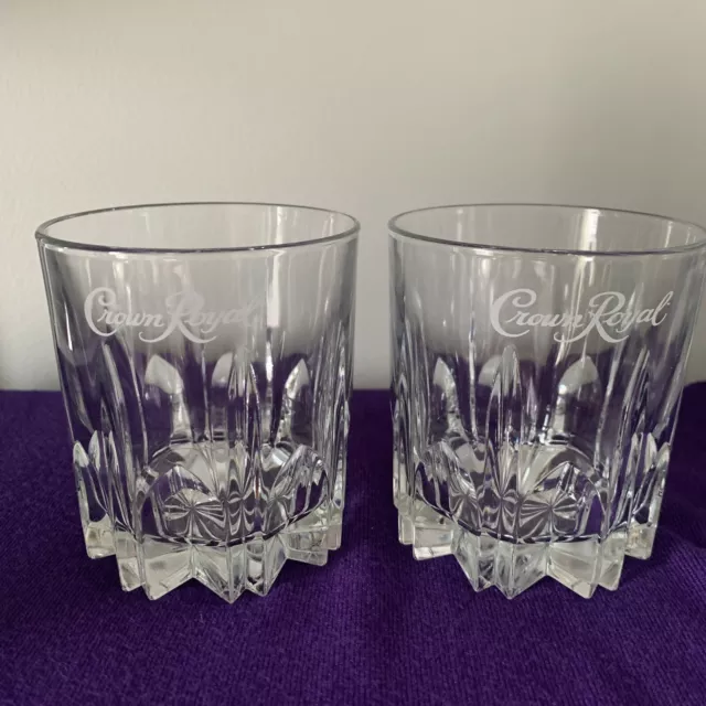 2 Crown Royal Diamond Cut Whiskey Rocks Lowball Glasses Starburst Etched Italy