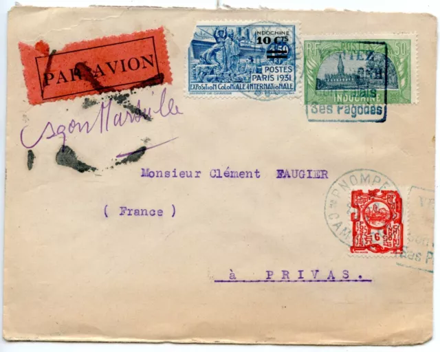 Enveloppe // Air Mail Par Avion Saigon Marseille Cambodge Pour Privas 1931