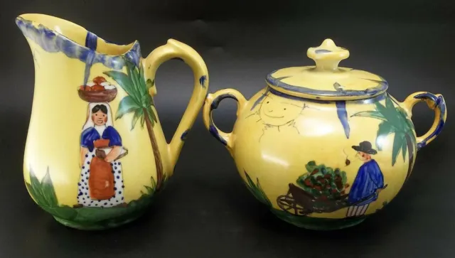 Vence Hand Painted Yellow Sugar Creamer Art Pottery Red Blue