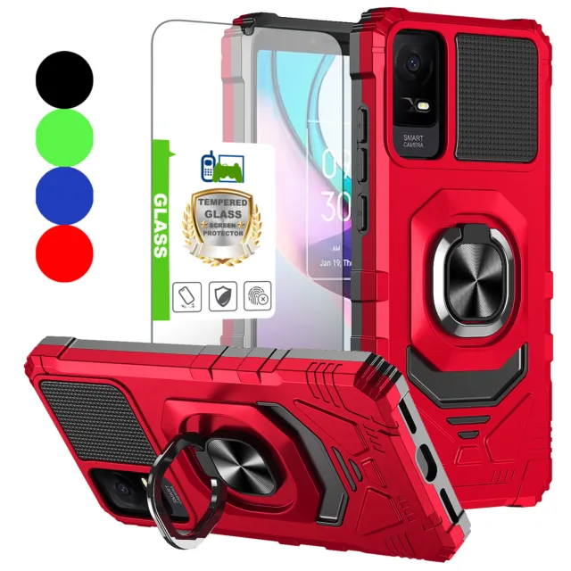 For TCL ION X / ION V Case Shockproof Ring Stand Phone Cover w/ Tempered Glass