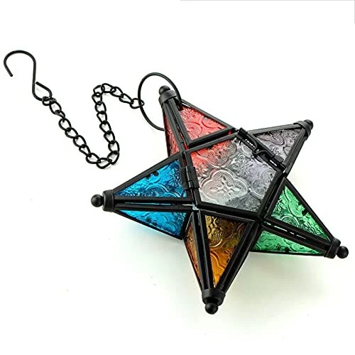 Glass Star Lantern Hanging Ornaments - Tea Light Lantern Window Hangings Livi...