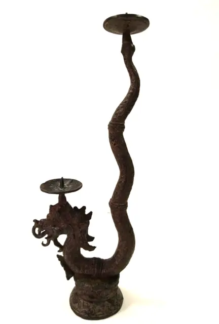 Vintage Cast Brass Bronze Dragon Double Taper Candlestick Holder 11.5" Tall