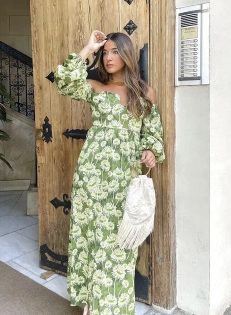 zara green floral print dress Zara Women's NWT Jacquard Knot Front Midi Dress Khaki Green Floral Siz