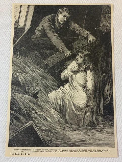 1885 Revista Grabado ~ Hombre Rescuing Mujer De Inundación