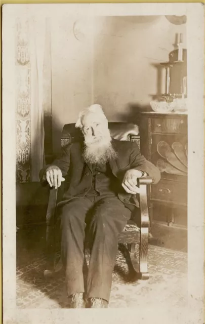 Old White Bearded Man in Suit Sitting in Rocking Chair RPPC Photo Postcard A23