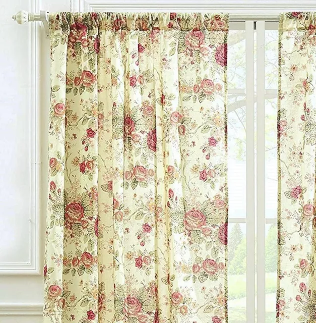 ANTIQUE ROSE 84 x 84 WINDOW PANELS : CREAM YELLOW SHABBY VINTAGE CURTAIN DRAPES