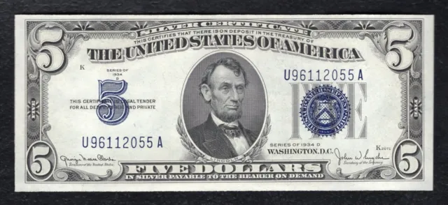 1934-D $5 Five Dollars Silver Certificate Currency Note Gem Uncirculated (C)