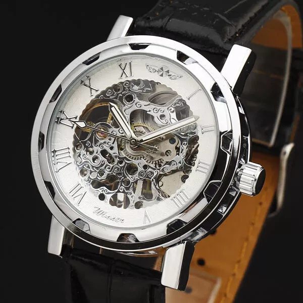 Winner Automatic Stainless Steel Skeleton Roman Numerals Leather Watch - New