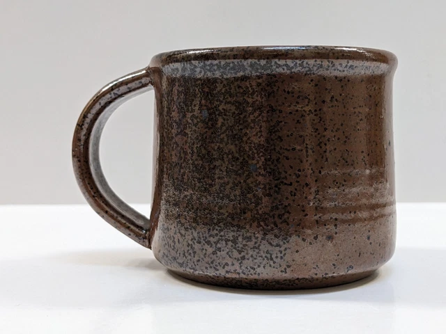 Signed As Pluff Brown Clay Glazed Pottery Coffee Cup Mug Folk Art