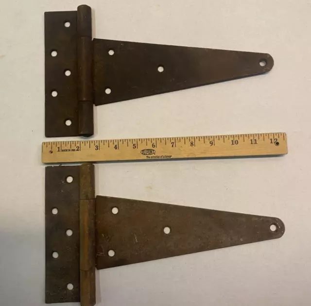 2 Vintage 12'' Farm Barn Door Gate Hand Forged Strap Hinges Great Patina Pair