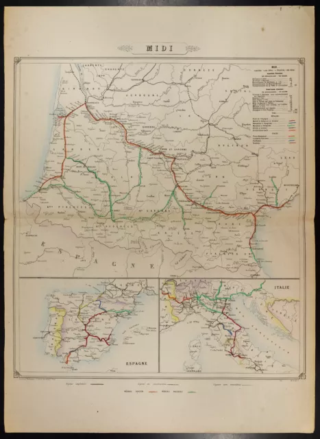 Carte des chemins de Fer, 1862. Compagnie du Midi. Espagne, Italie. Pyrénées