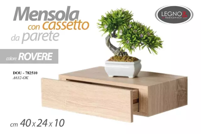 Mensola Da Parete Con Cassetto Sospeso Pensile Legno Muro Rovere Dou 40*24*10