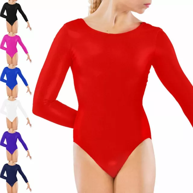 Girls Lycra Leotards Kids School Gymnastics Pe Ballet Dance Stretchy Full Sleeve