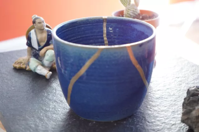 18K Gold Kintsugi Flower Pot Plant Pot Japanese Ceramic - Deep Blue
