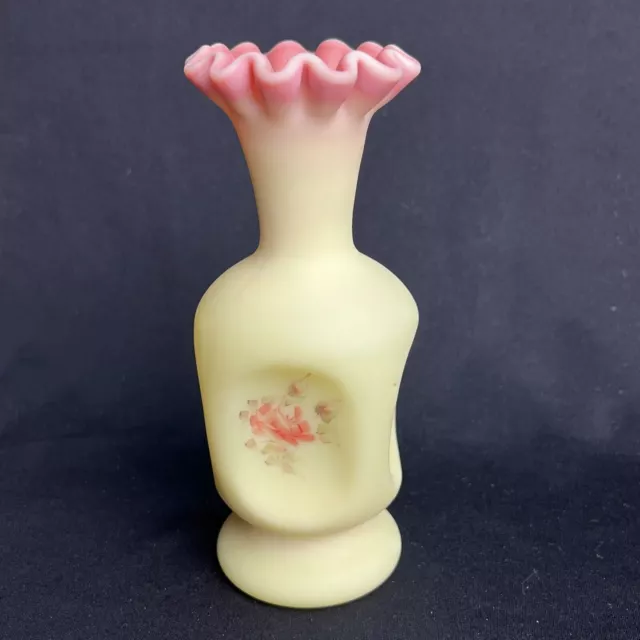 Vintage Signed Fenton Burmese Custard Art Glass Vase Indent Rose
