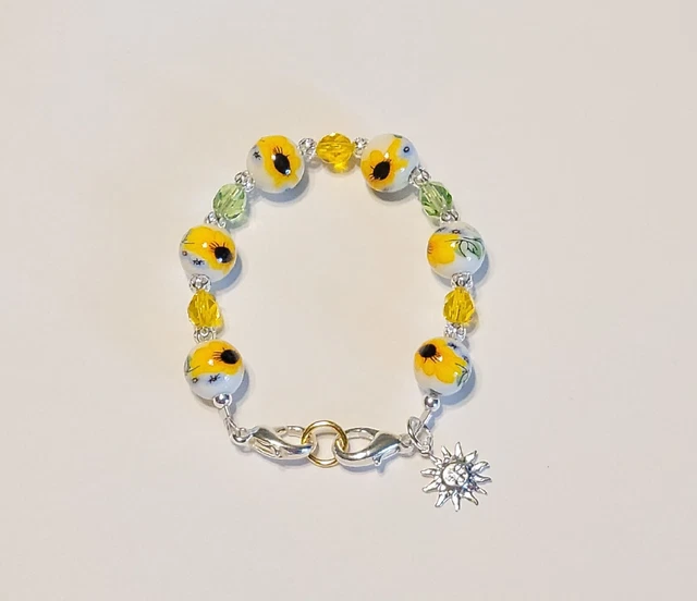 Porcelain Painted Yellow Sunflower Beads Medical Alert ID Replacement Bracelet