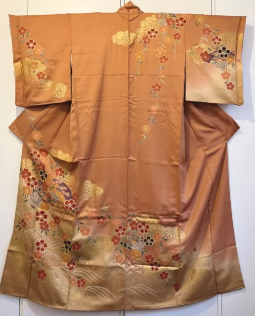 Kimono vintage giapponese Houmongi seta prugna prugna oro lamina arancione marrone 162 cm