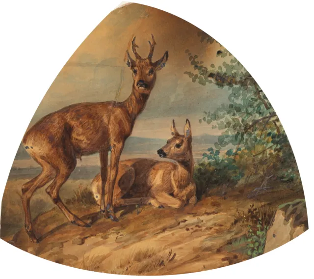 J. ZWECKER (1814-1876), Reh und Ricke, Aq. Biedermeier Tiere 1850-1899 Aquarell