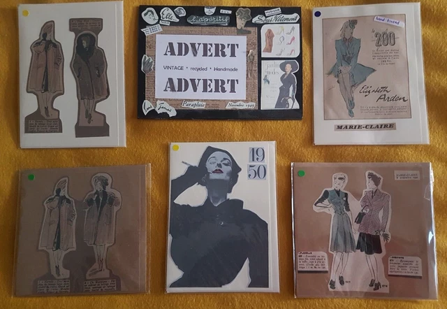 VINTAGE FRENCH 1940s FASHION ILLUSTRATION  HAND-TINTED GREETINGS CARDS (5 NO) A6