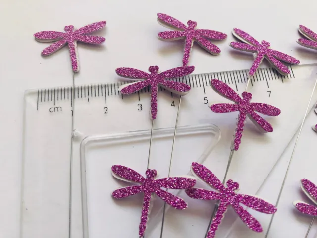 Florist Pink Glitter Dragonfly’s on 7" florist wire pack of 12