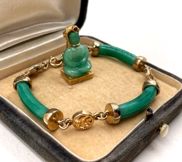 ANTIQUE SET LOT 2 pieces OLD VINTAGE ART DECO GREEN JADE BRACELET BUDDHA BROOCH