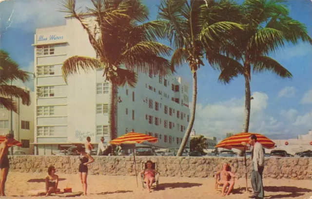 MIAMI BEACH FLORIDA BLUE WATERS HOTEL VINTAGE POSTCARD