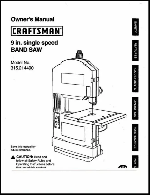 Band Saw Owners Operators Instruction Parts Manual 1998 Craftsman 9" 315.214490