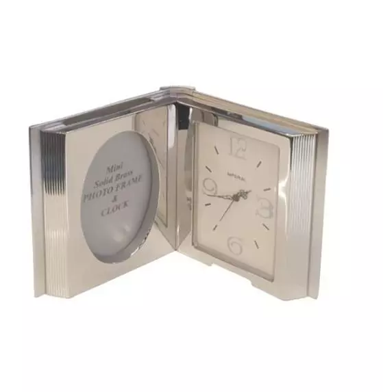 Miniature Clock Silvertone Photo Frame & Clock Solid Brass IMP100S