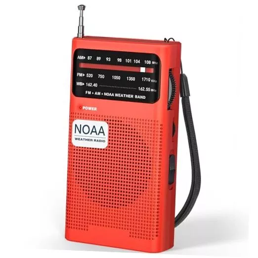 NOAA Weather Radio AM FM, Transistor Radio with Loud Speaker, Headphone New-Red