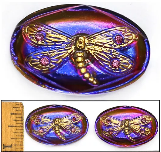 32mm Vintage Czech Glass Purple/Blue AB DRAGONFLY w Rhinestones OVAL Buttons 2p
