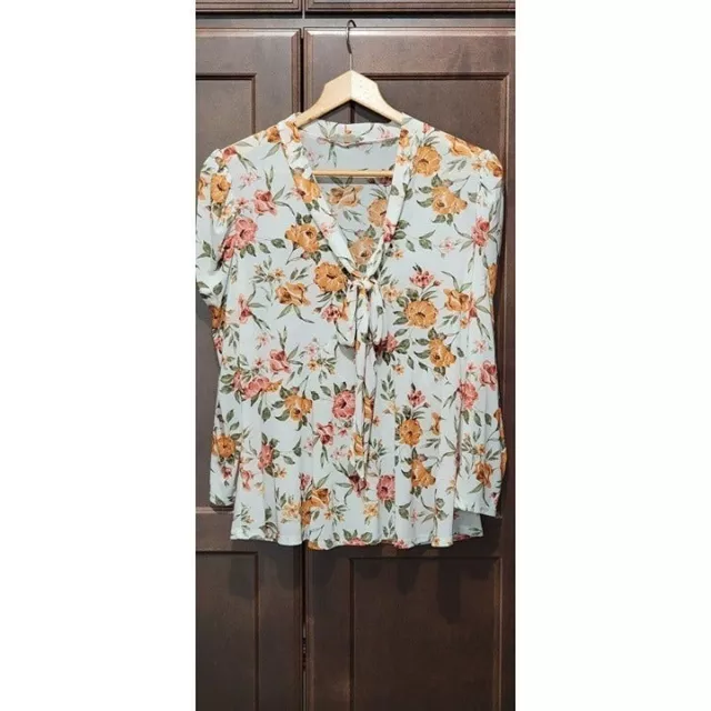 Women's EMBER Voile Fall 3/4 Sleeve Floral Print BOHO Style Blouse Shirt Sz L