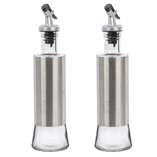 2x Silver Stainless Steel Olive Oil Bottle Cooking Vinegar Sauce Dispenser 300ml