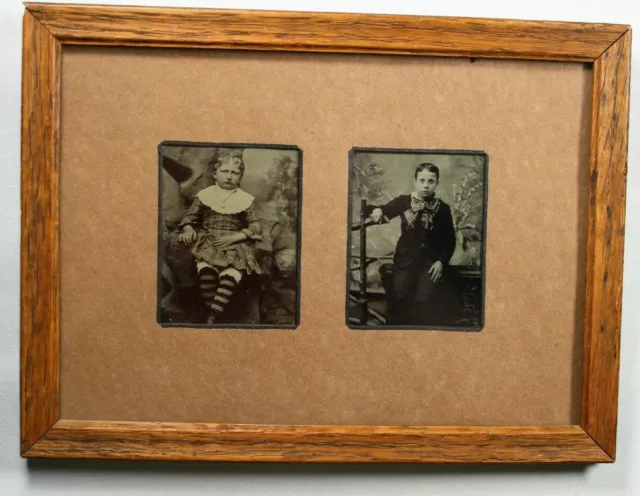 2 C.1880/90s Tintype Photos Named ID Boy & Girl Homer & Hellen Henke Framed P9 2