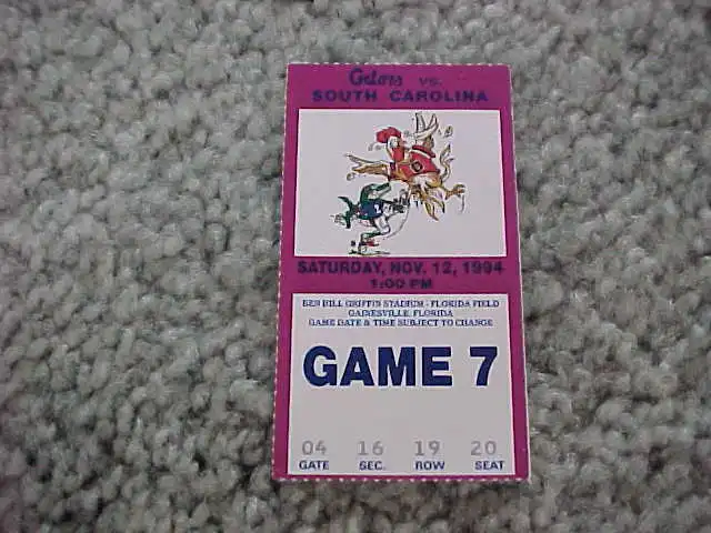 1994 Florida Gators v South Carolina Gamecocks Football Ticket 11/12 Wuerffel