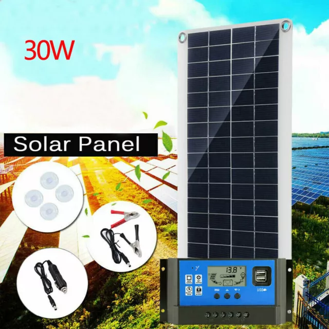 30W 12V Solarpanel Kit Solarmodul USB-Ladegerät Solarzelle Solar+10A-30A Regler